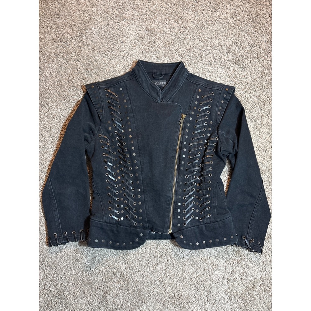 Y2K Topshop Black Denim Moto Jacket Studded Lace Up Biker Punk US 6 EUR 38 UK 10